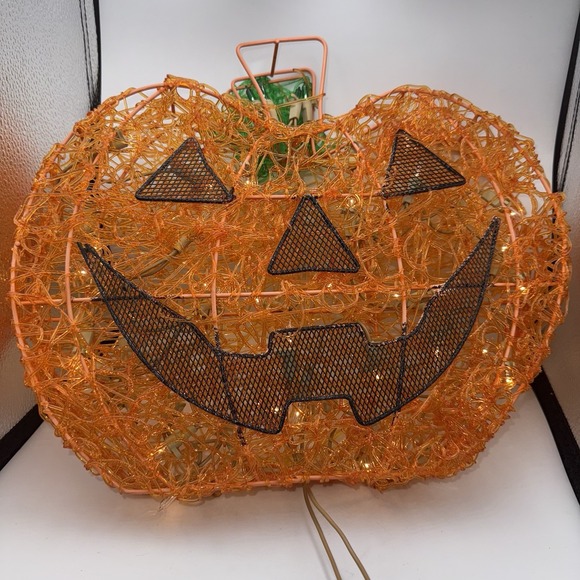 Vintage 14" Halloween Spun Spaghetti Pumpkin Jack-O-Lantern Lights Tested - Picture 6 of 8
